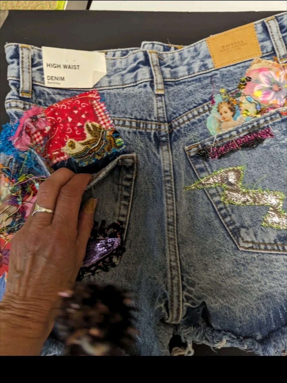 Distressed Embroidered Denim Shorts High Waisted New Patchwork Hippie - Picture 7 of 10
